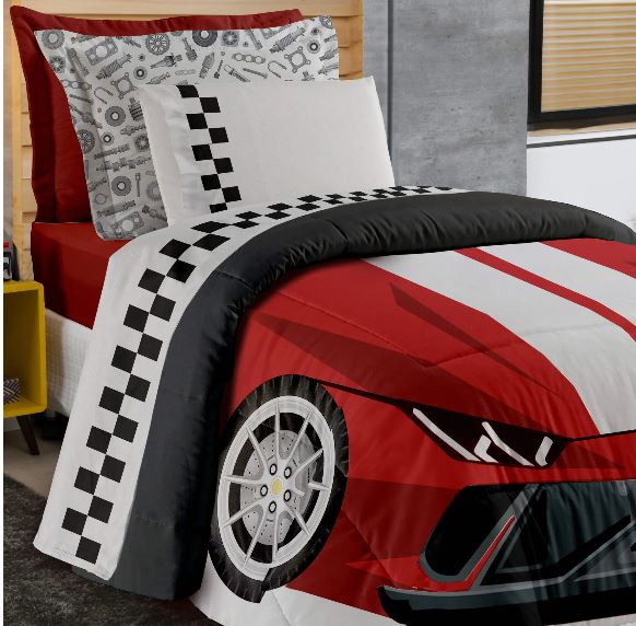 Kit Edredom + Jogo de Lençol Solteiro Percal 200 Fios Peletizado 06 Peças Carros